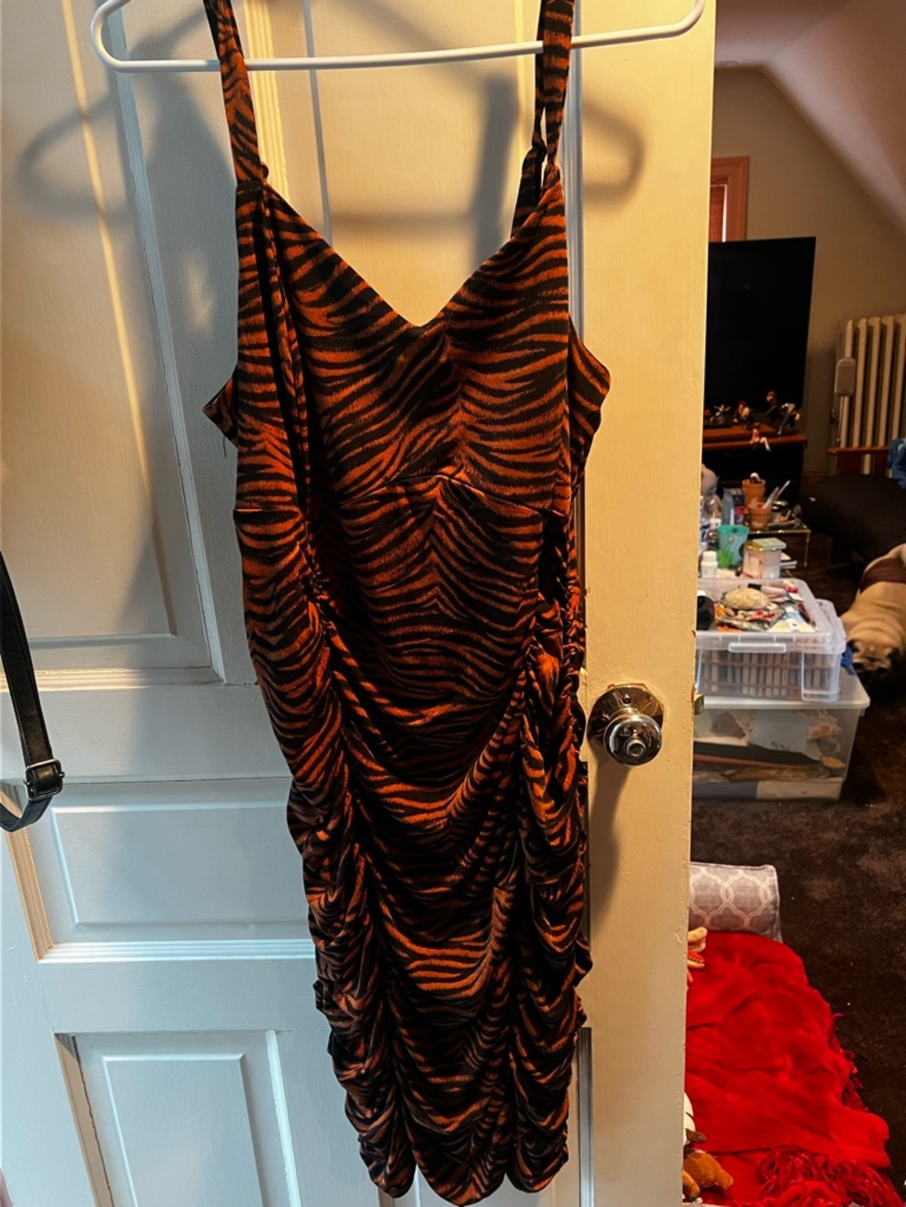 Retro Chic Orange and Black Tiger-Print Ruched Body con Dress